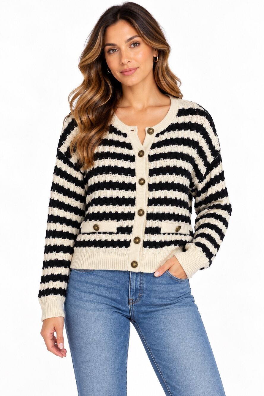 Blu Peper Black & Ivory Striped Button Front Knit Cardigan Sweater Size Large